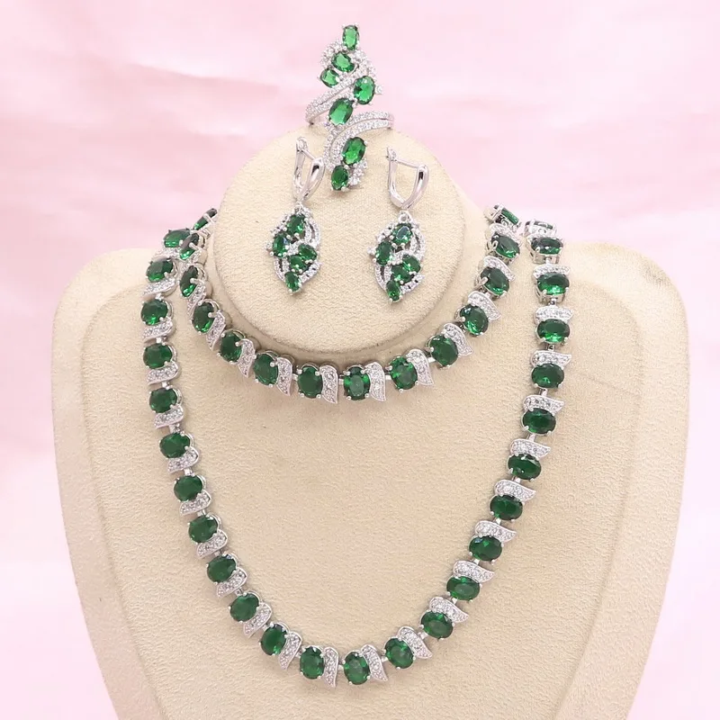 Classic 925 Silver Jewelry Sets for Women Green Semi-precious Bridal Jewelry Necklace Earrings Ring Bracelet Gift Box