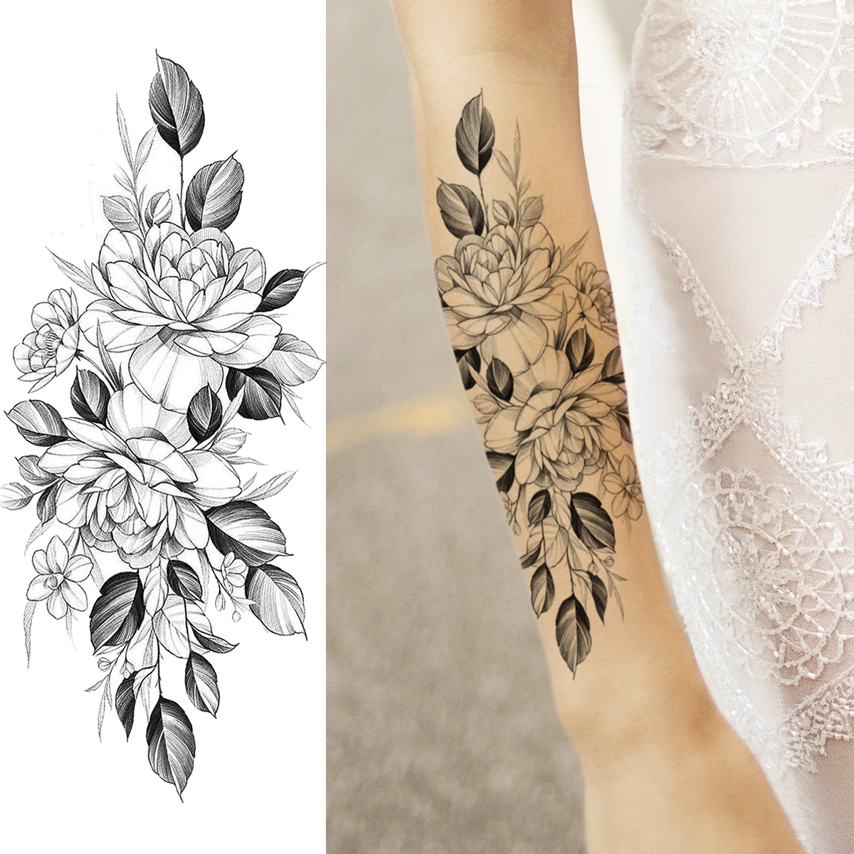 Realistische Rose Blume Temporäre Tattoos Für Frauen Erwachsene Mädchen Pfingstrose Mond Schmetterling Gefälschte Tattoo Body Art Wasserdicht Tatoos Aufkleber