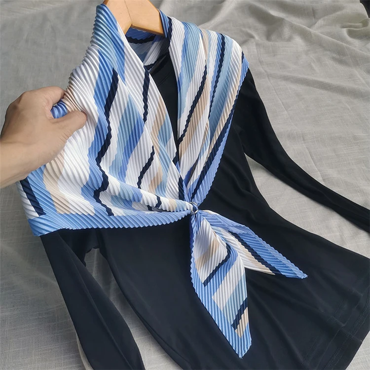 

HOT SELLING Miyake pleated new Style diamond Blue striped fresh silk scarf fashion scarf IN STOCK