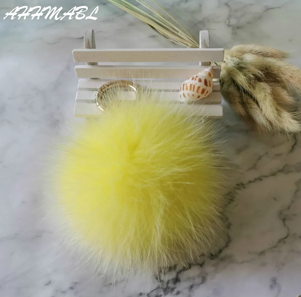 12cm Luxury Fluffy Real Fox Fur Ball PomPom 14 Colors Genuine Fur Keychain Metal Ring Pendant Bag Charm F314