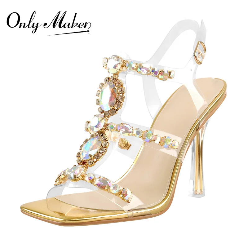 Onlymaker Summer Sandals  Square Toe Gold T-Strap Clear Metal Thin High Heel Geometric Crystal Ankle Buckle PVC Wedding Heels