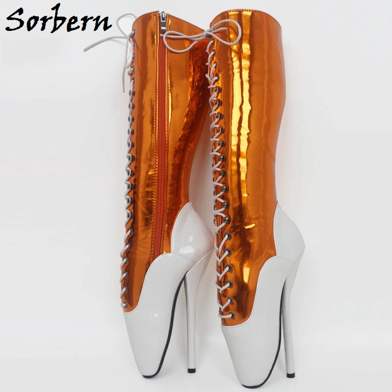 Sorbern Metallic Knee High Boots Ballet High Heels Custom Wide Slim Le Fit Fetish Boots Sissy Boy Ballet Stilettos Lace Up