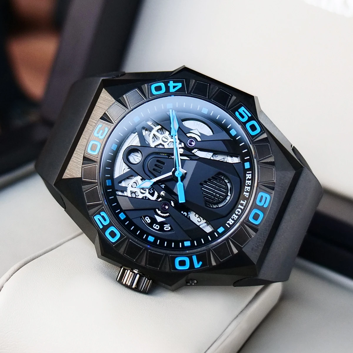 Reef Tiger RT Limited Men's Watch Automatic Mechanical All Black Blue Skeleton Design Waterproof with Rubber Strap RGA6912