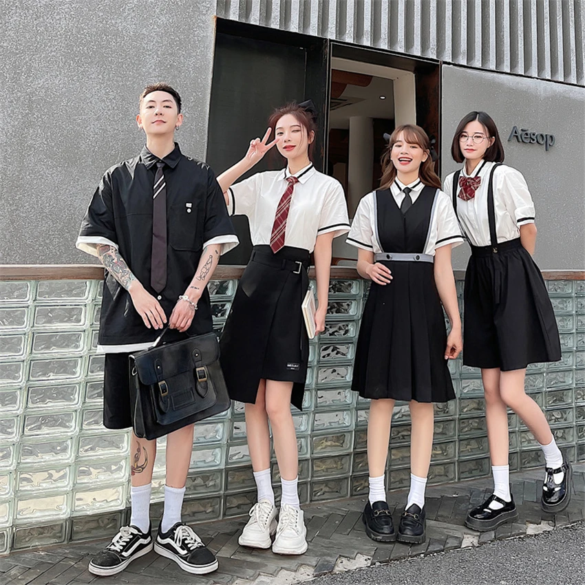 Japanese School Girl Skirt England Mini Black Dress Fashion Solid High Waist Harajuku Skirts Jk Uniform Shirt Sailor Dresses