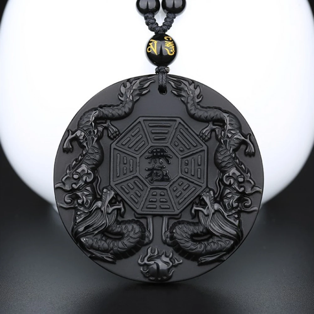 Natural Black Obsidian Hand Carved Chinese Dragon Phoenix BaGua Lucky Amulet Peace Mascot Pendant Necklace For Women Men