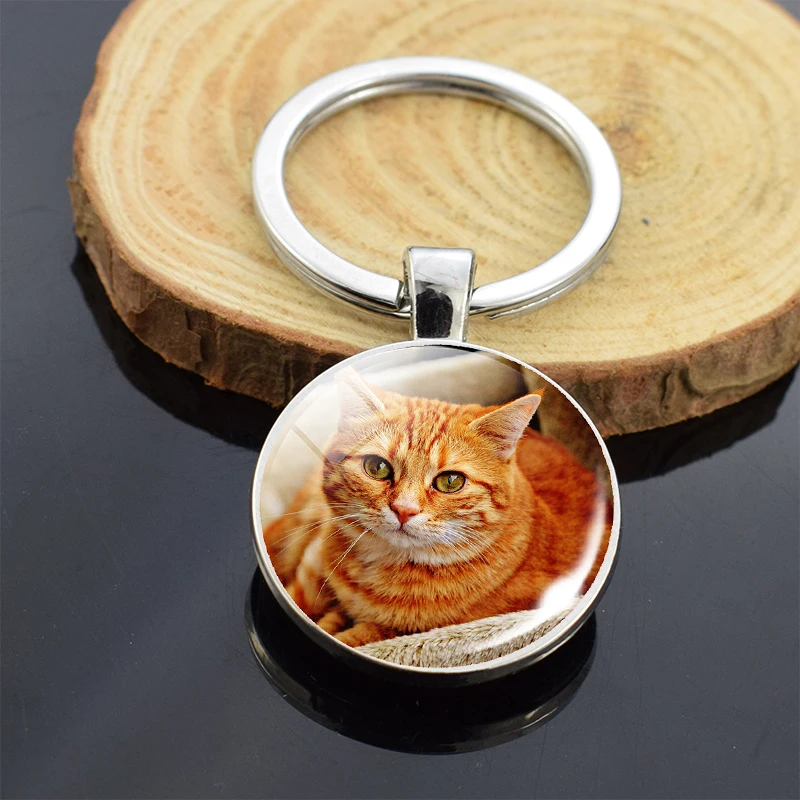 Cute Cat Keychain Animal Black Cat Pattern Key Chain Double Side Glass Cabochon Pendant Keyring Cat Pet Owners Gifts