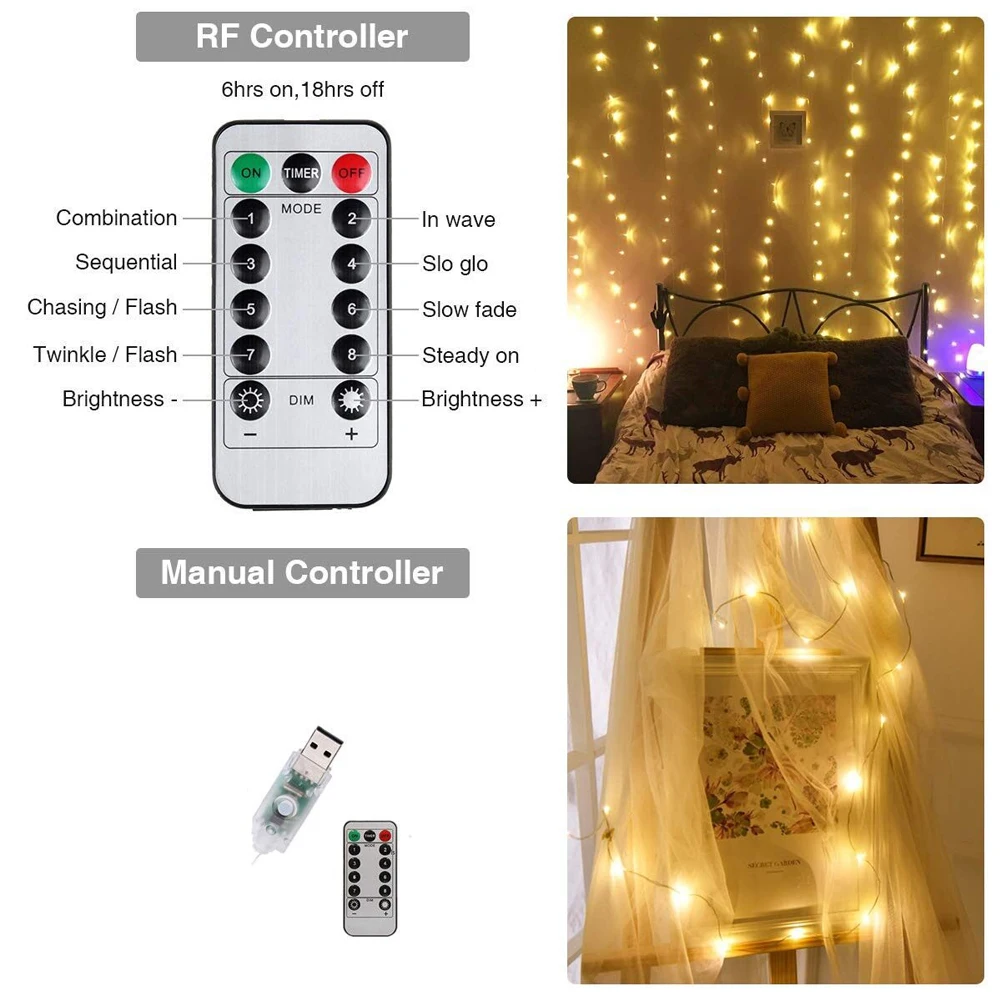 8 Modes Window String Lights Christmas Decoration Curtain Lights 3*3m 300leds USB 5V Remote Festoon Led Light