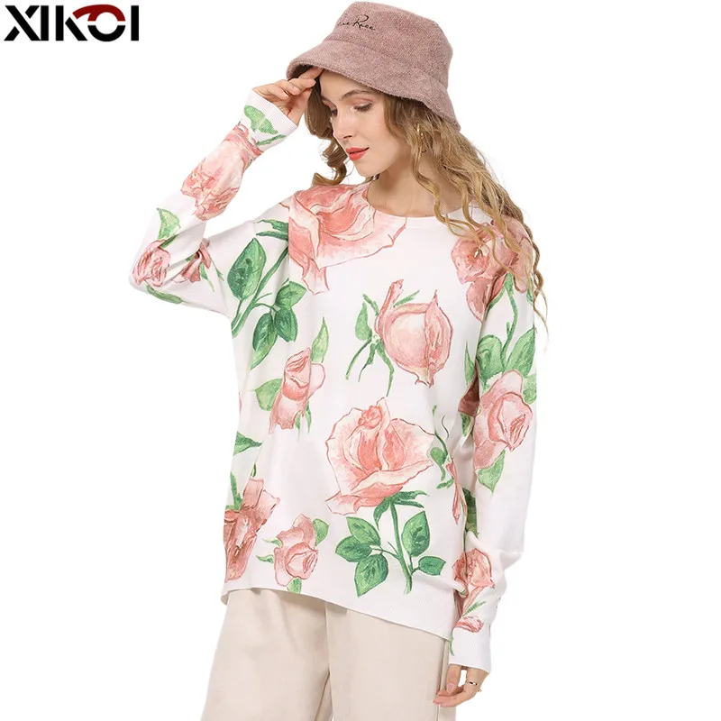 XIKOI Romantic Rose Print Knitted Sweater For Women Winter Warm Long Sleeves Pullovers Oversized White Swetaer New Jumper Tops