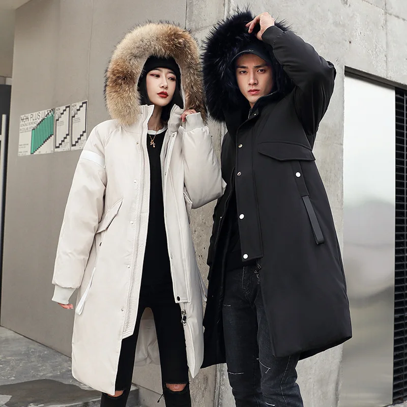 -30 Degree Winter Couple Down Parkas Jacket 90% White Duck Hooded Collar Real Fur Windbreaker Warm Thicken Coat Long Jackets