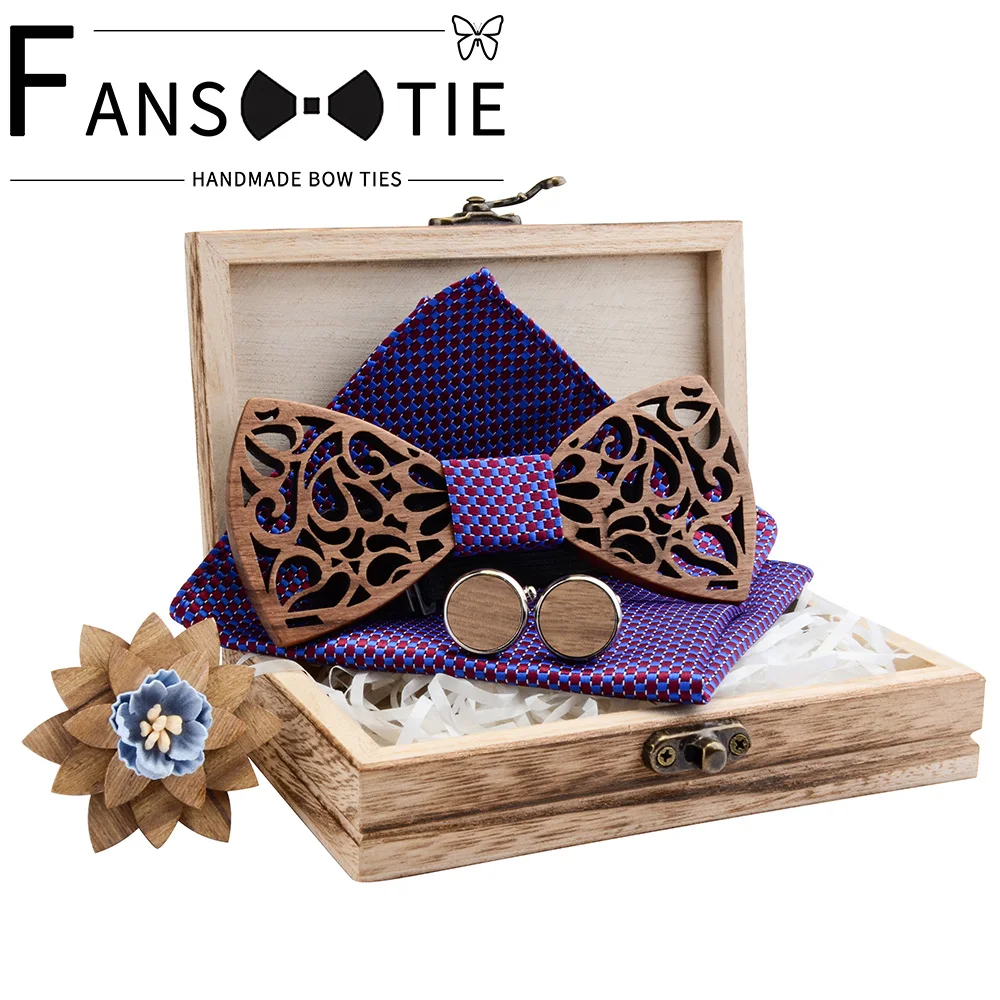 

Adjustable Wooden Hollow Floral Bow Tie Set Fashion Plaid Pocket Square Cufflink Brooch For Men 2020 Wedding Bowtie Wood Box