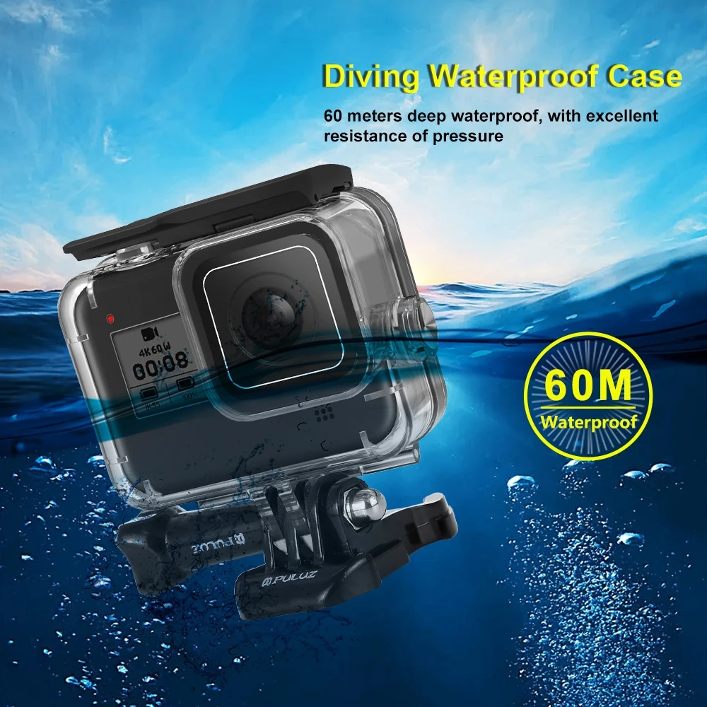 Puluz เคสกันน้ำลึก60ม. สำหรับดำน้ำลึกใต้น้ำปลอกหุ้มสำหรับ GoPro กล้องสีดำ HERO8