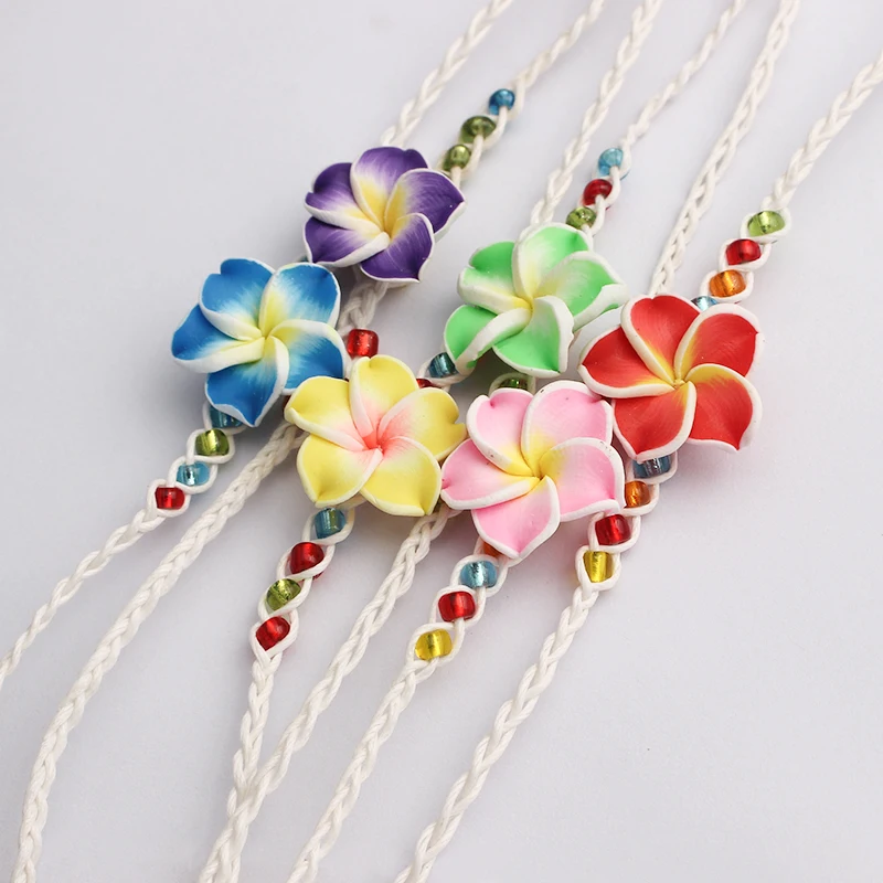 6pcs Mixed Colorful Plumeria Flower Clay Friendship Handmade Braided Cord Bracelets Surf Beautiful Jewellry