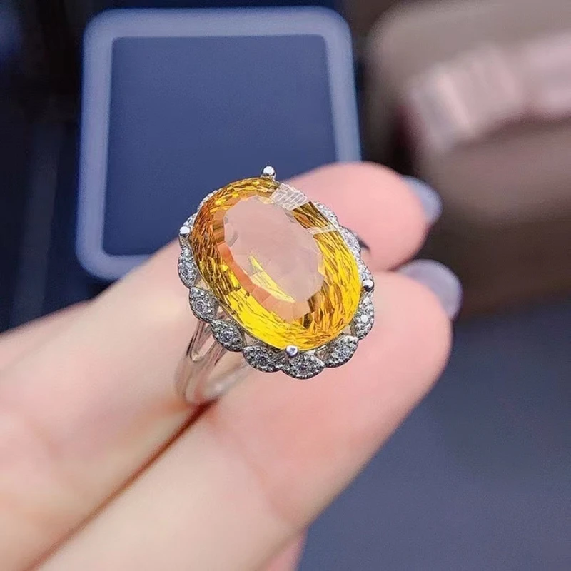 Luxury Women Ring for Daily Wear Big Size Natural Citrine Ring Fireworks Cut Real 925 Silver Good Gift