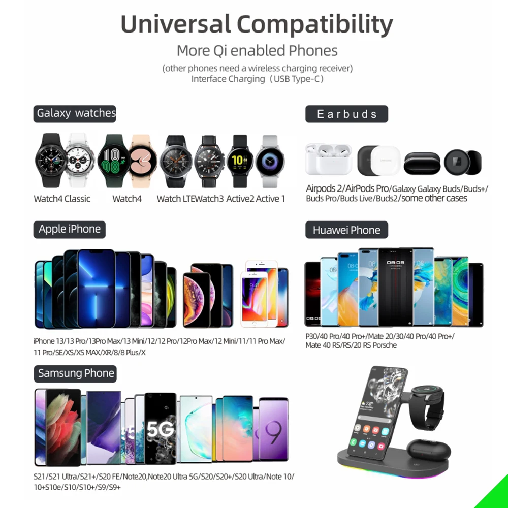 3 IN 1 Wireless Charger Station สำหรับ Samsung S21/S20/S10 Galaxy 4คลาสสิกสำหรับ iPhone 13 12 Airpods 2 Pro