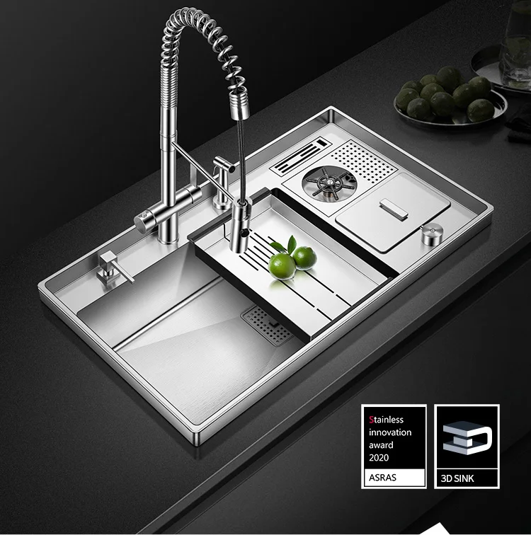 Handmade Kitchen Sink Set com Dual-Mode Pullout Faucet, 3D circundante, Cup Rinser, SUS304 aço inoxidável, ASRAS-8549X