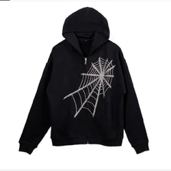 Y2K Gothic Rhinestone Spider Web Zipper Hoodies Women Harajuku Punk Oversized Sweatshirts Autumn Streetwear Loose Hooded Jacket