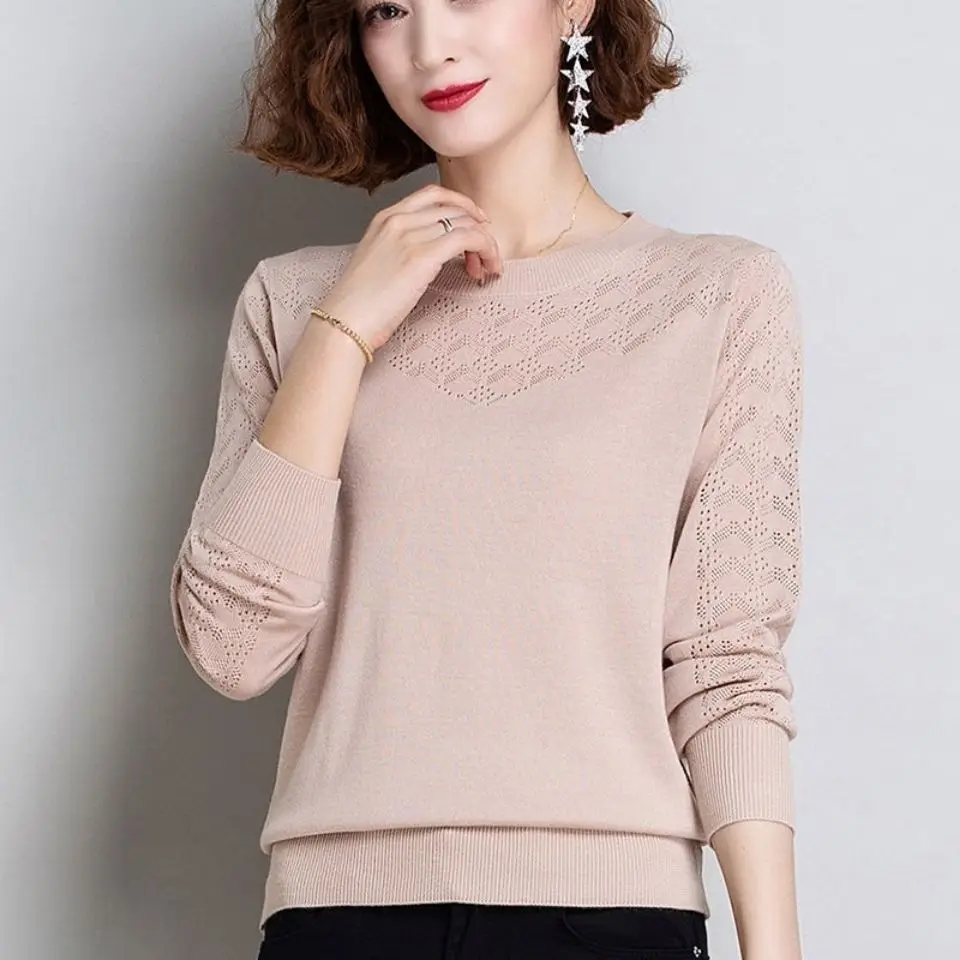 Hollow Thin Knitted Top Long-sleeved Women\'s Spring Bottoming Round Neck Pullover Sweater 2021 New Solid Tees Shirt