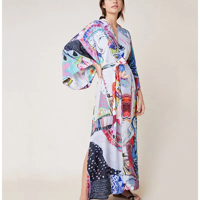 TEELYNN Boho Polyester Pop Printed Kimono Cardigan Tunic Women Blouse Shirt Summer Beach Bikini Cover Up Sarong Vestidos 2020