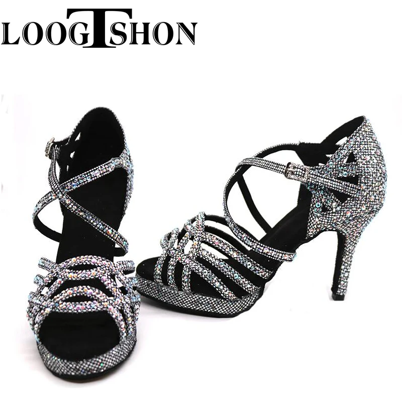 LOOGTSHON zapatos de boda para mujer, sandalias de baile de Salsa con plataforma plateada, zapatos de baile con diamantes de imitación