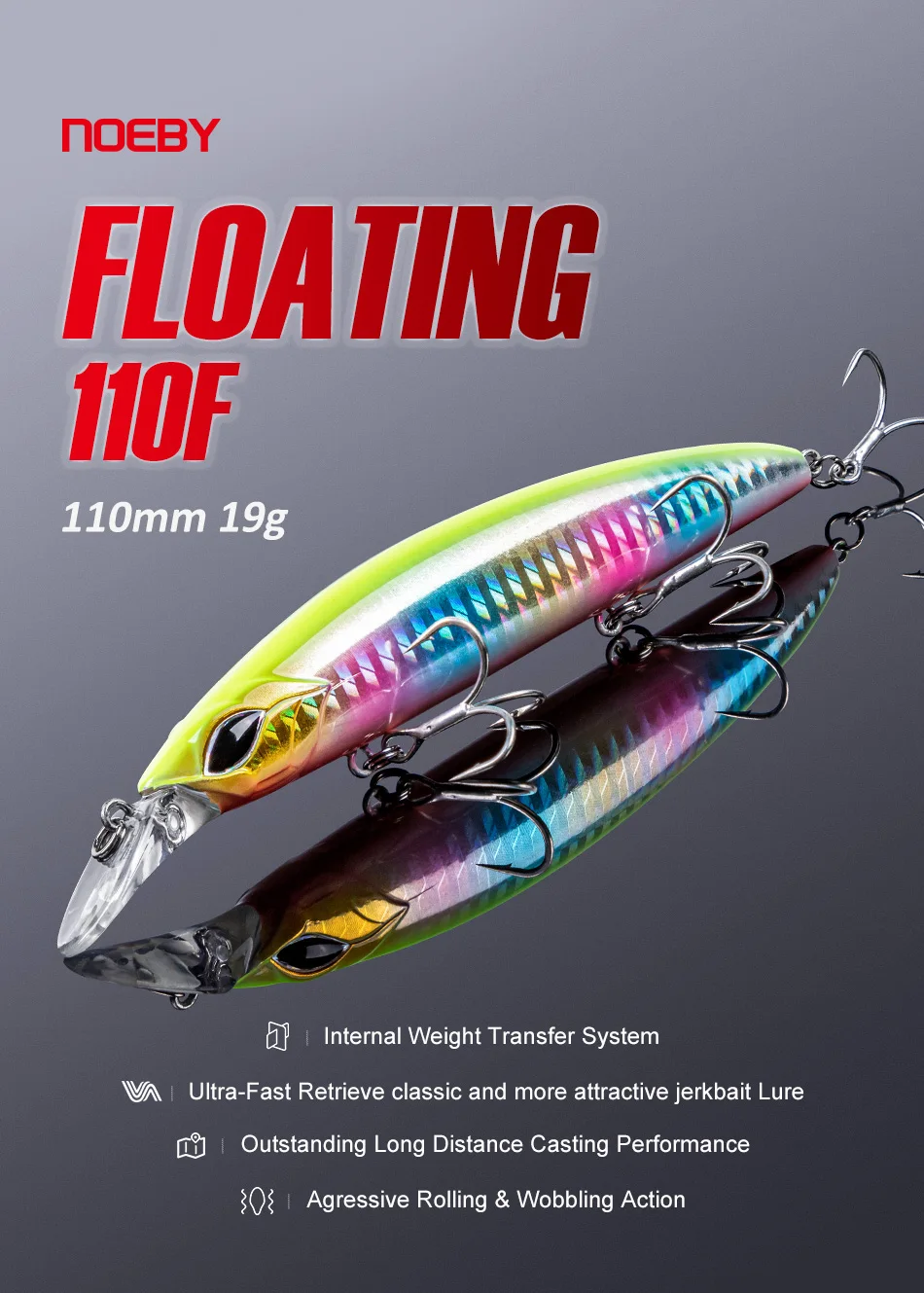 NOEBY Minnow-Angelköder, 110 mm, 19 g, langer Wurf, schwimmende Jerkbait-Wobbler, künstlicher harter Köder, Bass, Hecht, Shore-Angelköder – Detail 1