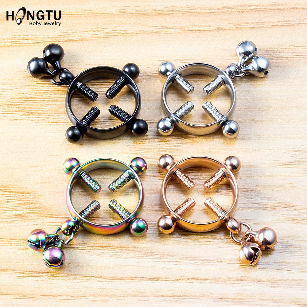 2PC Screw Bell Pendant Fake Nipple Ring Women Stainless Steel Fashion Piercing Jewelry Body Jewelry Round Nipple Piercings Bar image 4
