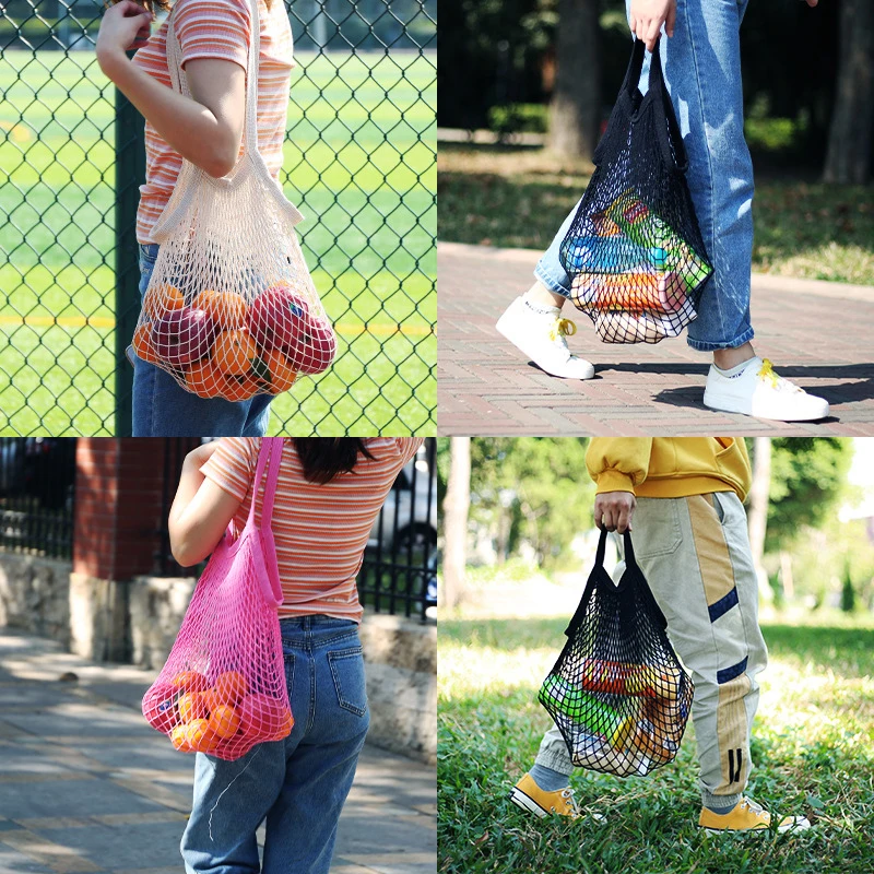 Portable Reusable Grocery Bags for Fruit Vegetable Bag Cotton Mesh String Organizer Handbag Short/Long Handle Net Shopping Bags