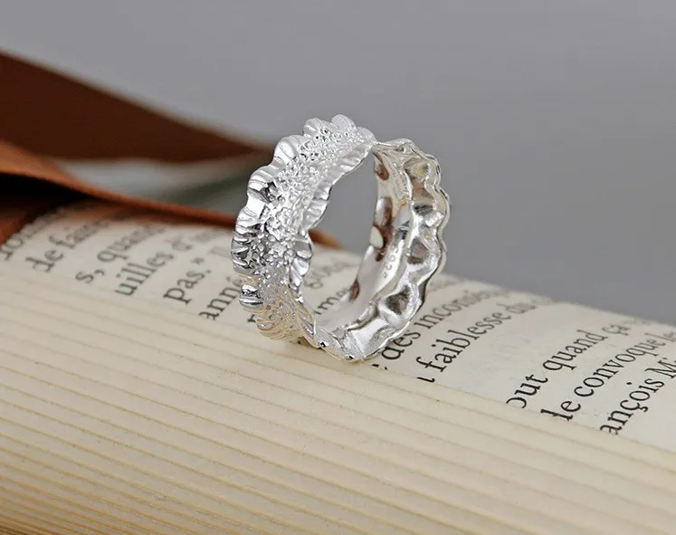 100% 925 sterling silver simple female folds irregular sand surface ring for children