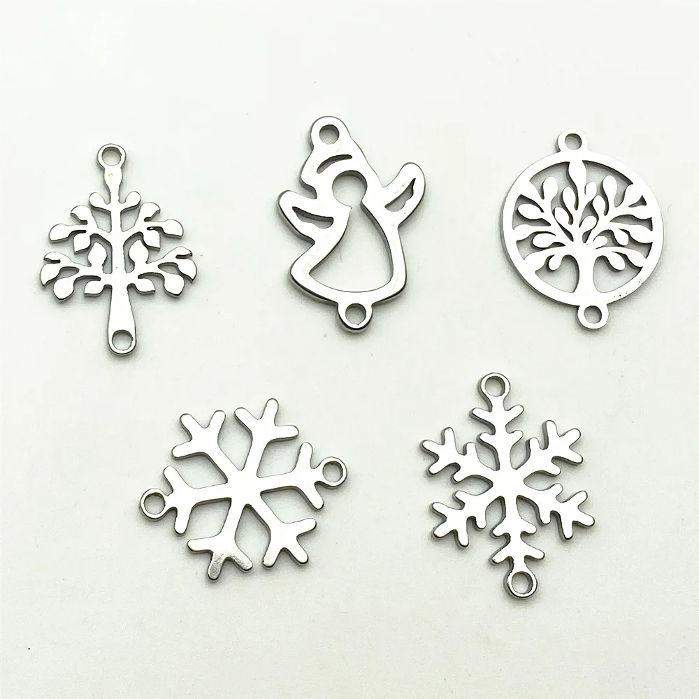 5pcs/lot Stainless Steel Color Christmas Tree Charms Snowflakes Connectors For Jewelry set Handmade Diy Jewelry Making