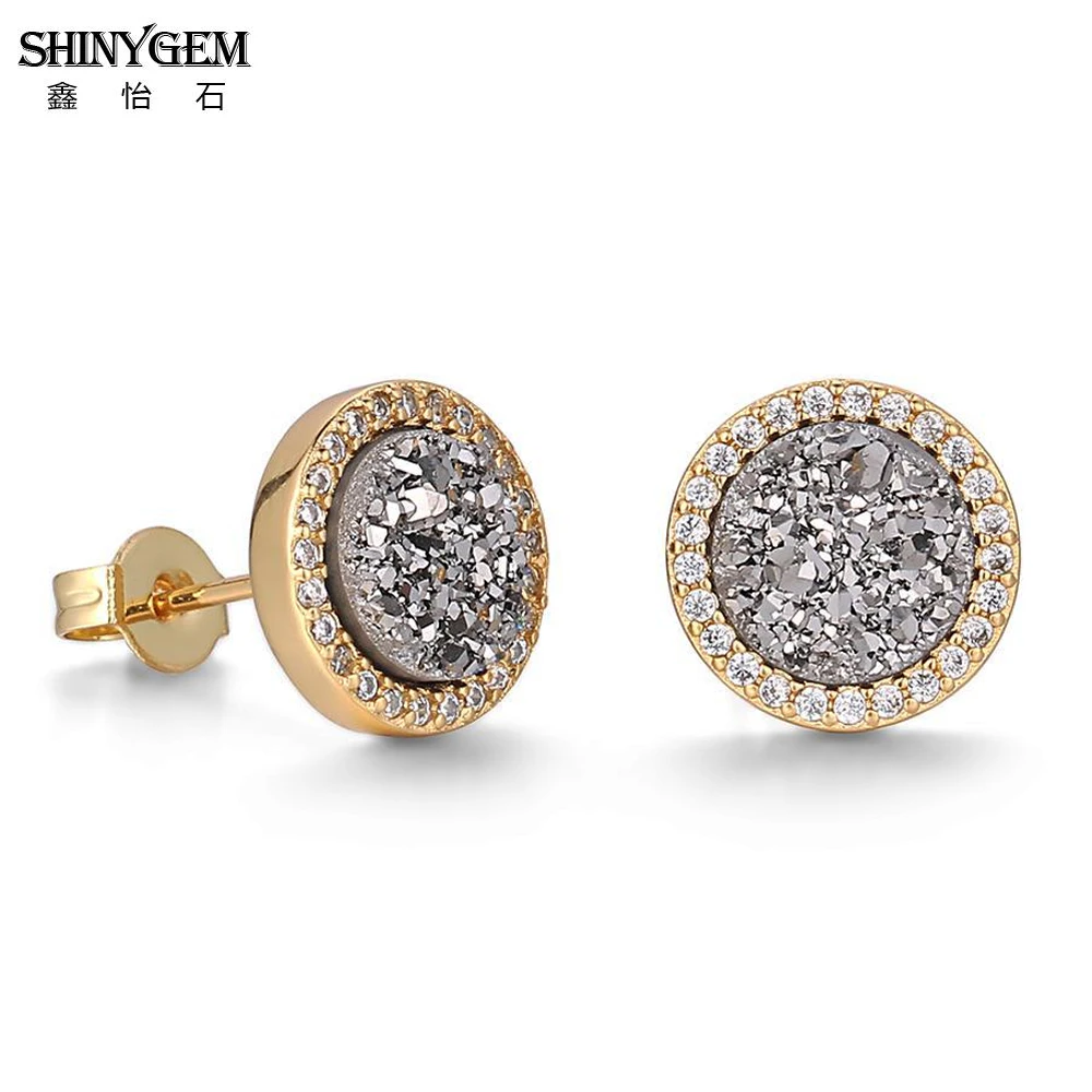 shinygem fashion 8 8mm round natural crystal druzy stud inlay zircon gold plating geode gem stone earrings for women