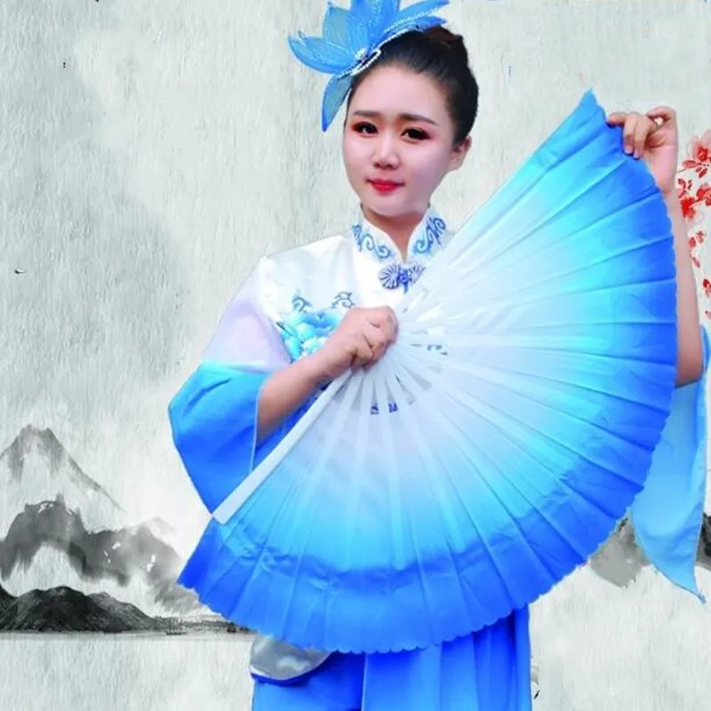 Extra Heavy Mulan Fan Belly Dance Fan  Double-leaf Magnolia West Lake Tai Chi Gradient Blue Clouds Props Plastic Handle Adults