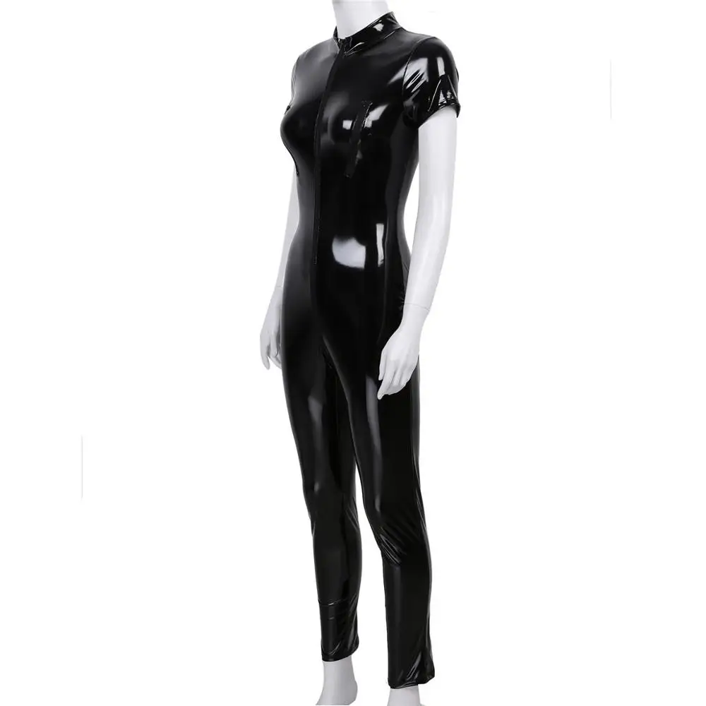 ผู้หญิง Jumpsuit One Piece Glossy Wetlook สิทธิบัตรหนังคอหมวกแขนซิปหน้าอก Leotard Bodysuit Clubwear