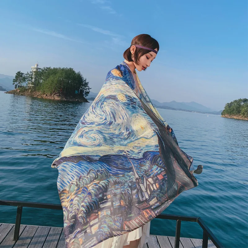 

Luxury Brand 200*80cm Long Silky Satin Scarf Summer Ladies Scarf Shawl Brand Scarves Digital Printing Oil Painting Head Scarf