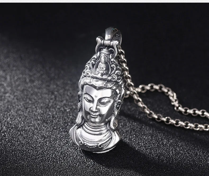 100% 925 Silver Kuanyin Buddha Pendant Vintage Sterling Avalokitesvara Bodhisattva Pendant Buddhist Guanyin Good Luck Pendant