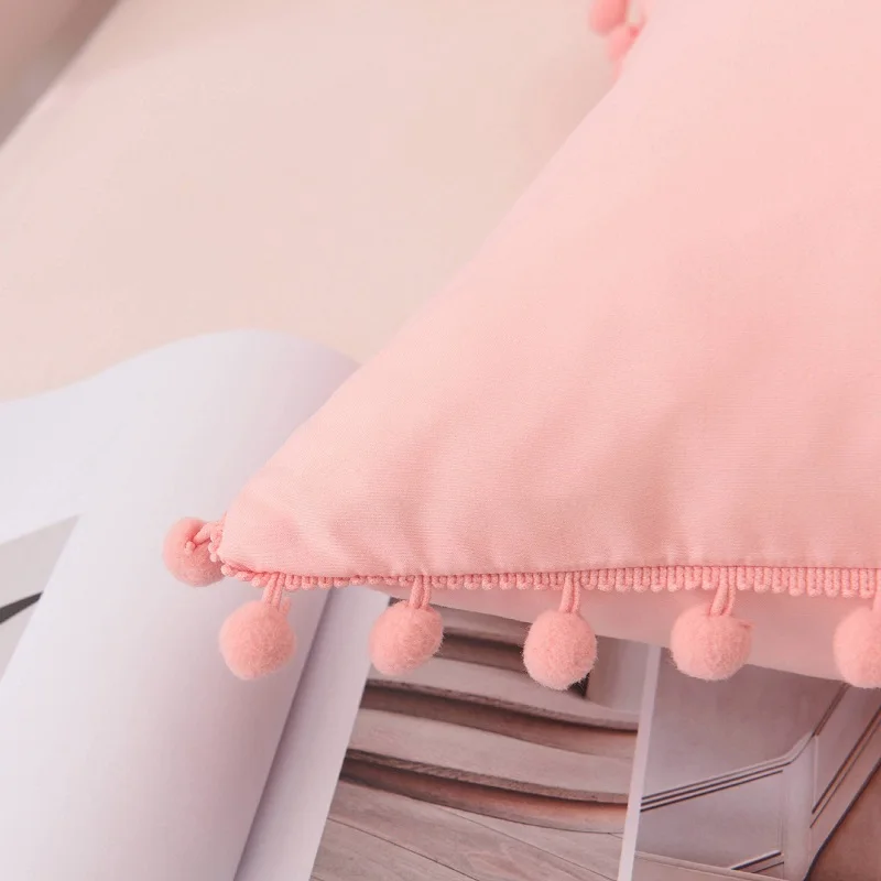 2pcs Ins Washed Cotton Pillowcase White/Pink/Gray Bedroom Decorative Cute Ball Side Pillow Cases Girls Room Pillow Cover
