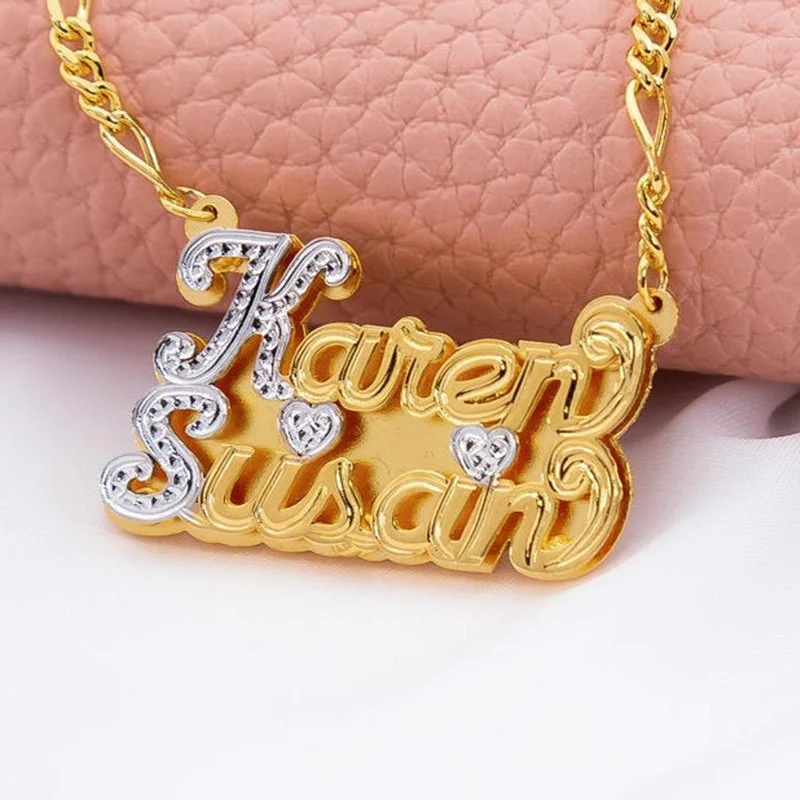 

VishowCo Custom Name Necklace Personalized Stainless Steel Double Plated Two Names Nameplate Gold Choker Necklace For Women Gift