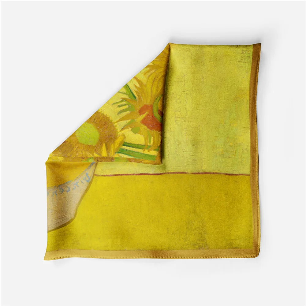 موضة حك وشاح حريري امرأة عباد الشمس طباعة أوشحة مربعة يلتف باندانا حجاب صغير فولاردز التعادل عقال منديل