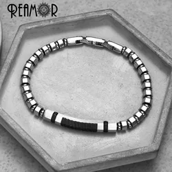 REAMOR New Adjustable Men Bracelets Black Matte Stainless Steel Bracelet Silver Color Natural Hematite Bangles Detachable Clasp