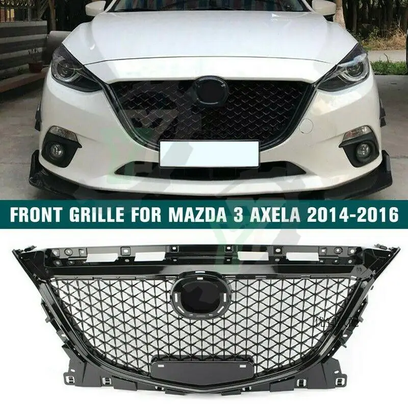 Front Bumper Grill Upper Mesh Grilles For Mazda 3 Axela Sedan 2014 2015 2016 Car accessorie Glossy Black Honeycomb racing grille