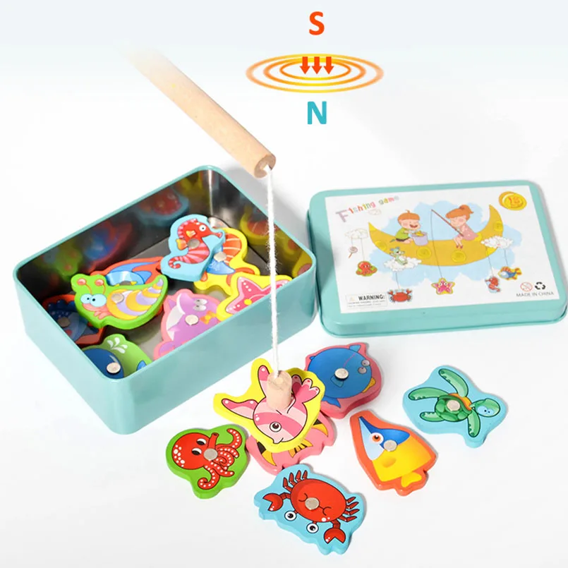 16 stks/set Baby Houten Magnetische Vissen Spel Speelgoed Set Ijzeren Doos Nieuwigheid Cognitie Cartoon 3D Hout Grappige Onderzeese Vis Speelgoed Geschenken