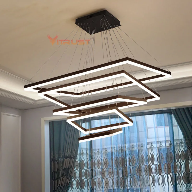 Nordic LED Pendant Light Square Black Brown Modern Long Hanging Lamps Staircase Villa Lighting Chandeliers Living Dining Room