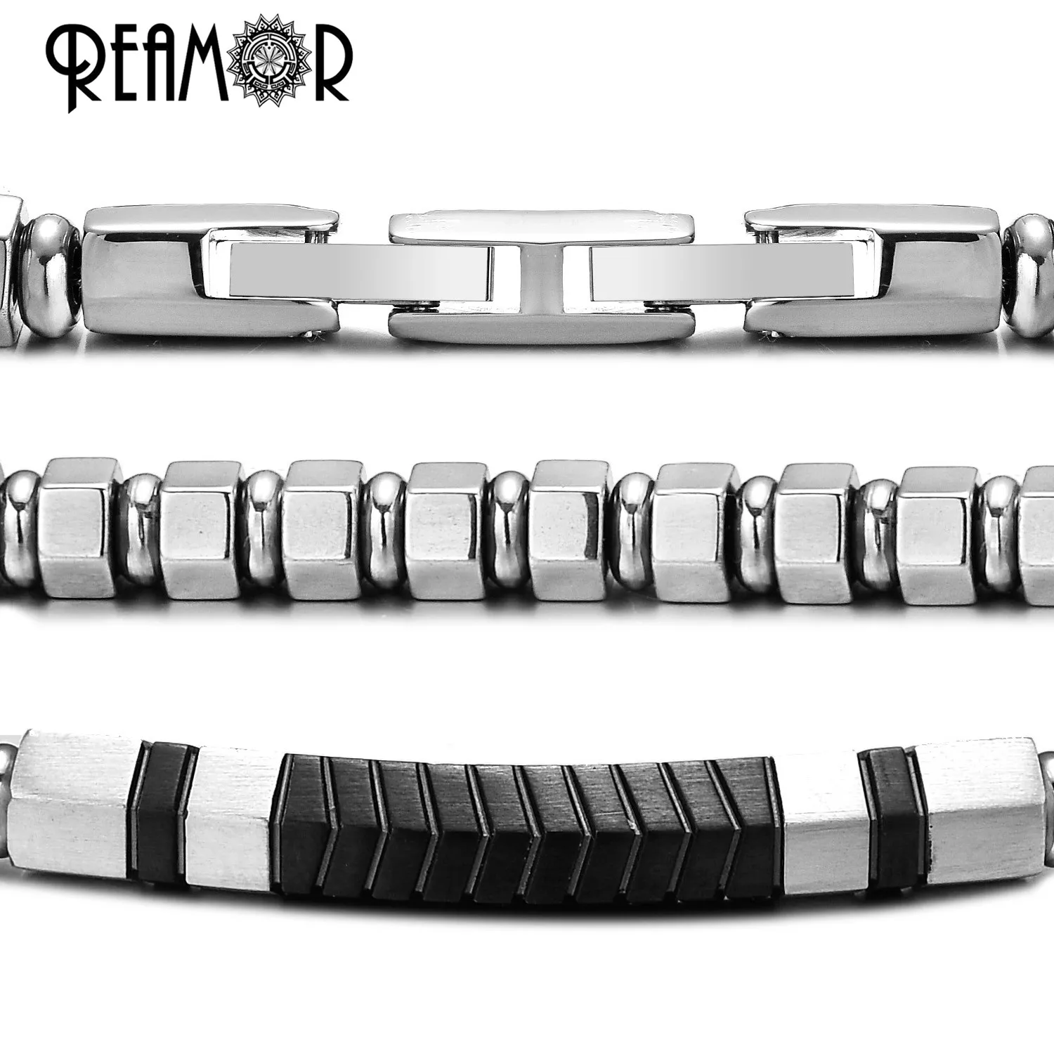 REAMOR New Adjustable Men Bracelets Black Matte Stainless Steel Bracelet Silver Color Natural Hematite Bangles Detachable Clasp