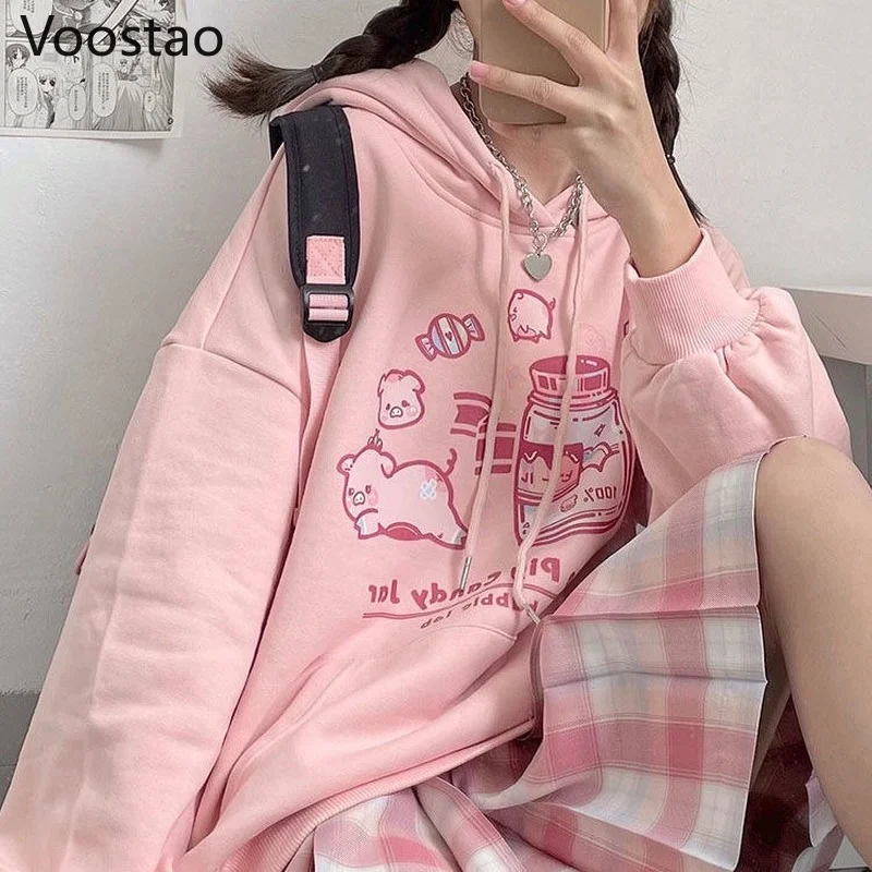 Spring Autumn Harajuku Sweet Cute Cartoon Print Hooded Sweatshirt Women Kawaii Loose Hoodies Student Girly Chic Y2K O-Neck Tops