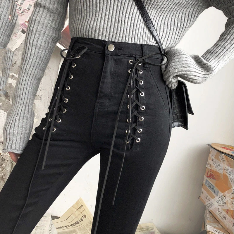 2022 New Slim Black Pencil Pants Jeans Women Fashion Lace-Up Zip Ankle-length Pants Female High Waist Jeans Skinny sexy KZ891