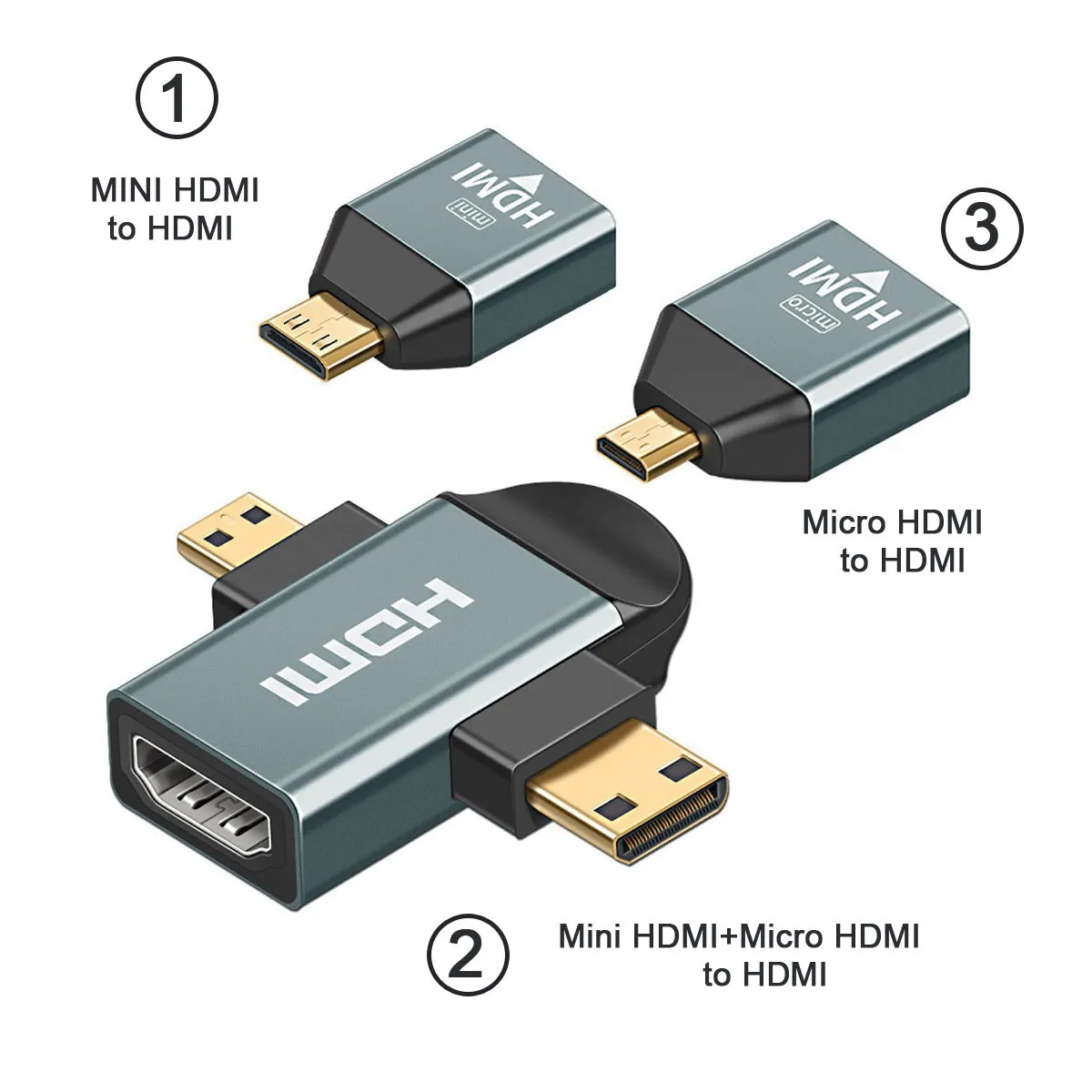 3pcs/set Micro & Mini HDTV to HDTV 1.4 Female 2-in-1 Combo Adapter 4K@60hz