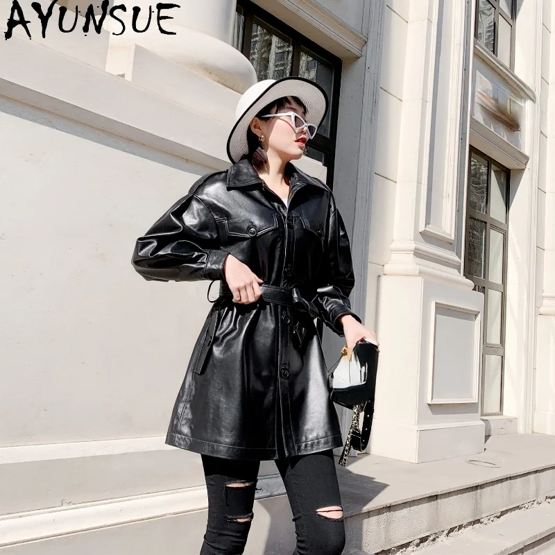 Ayune-Chaqueta de piel auténtica para mujer, abrigo de piel de oveja auténtica, gabardina negra de longitud media para otoño