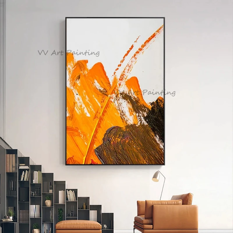 Trendy Hand Painted Orange Textured Oil Painting Artwork Modern Oversize Picture Abstract Extra Large Wall Decor for Living Room