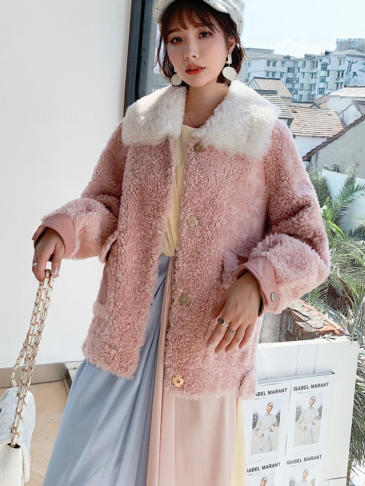 Pink Sheep Shearing Vintage Jacket Women Winter Clothes 2020 Korean Short Real Fur Coat Female 100% Wool Coat Fur Top Hiver 1919