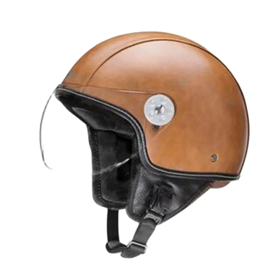 Brown New Synthetic Leather Motorcycle Helmet Retro Vintage Cruiser Chopper Scooter Cafe Racer Moto Helmet 3/4 Open Face Helmet