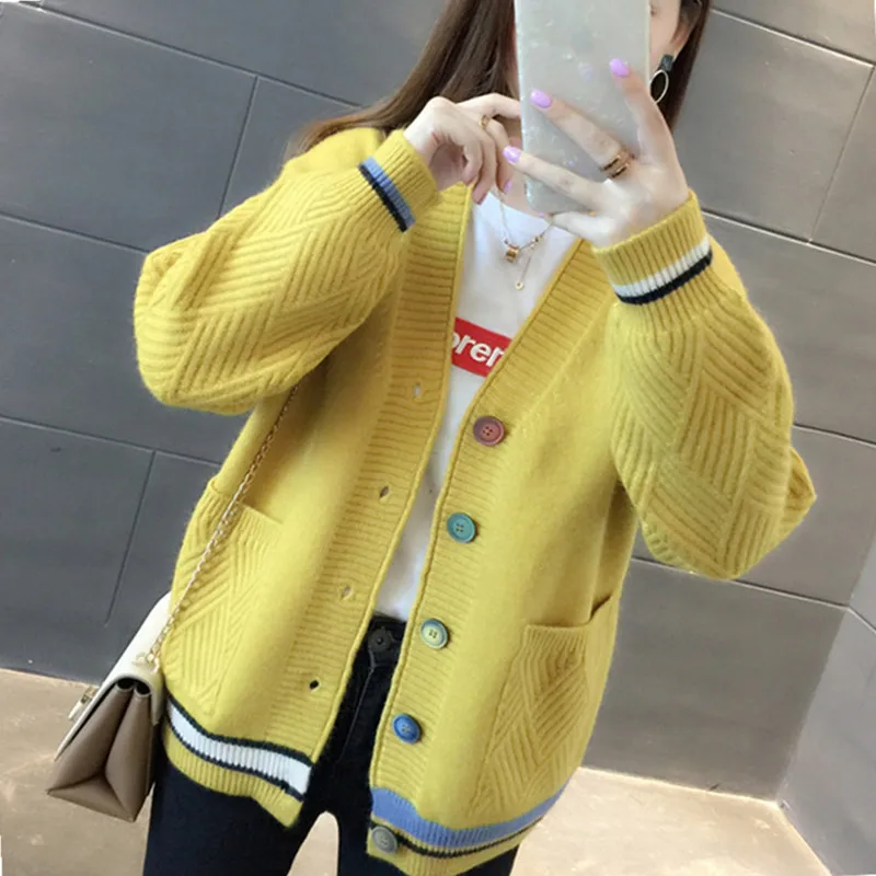 Zoki Fashion V Neck Women Cardigan Sweater Autumn Long Sleeve Single Breasted Knit Coat Casual Korean Striped Pocket Sweater