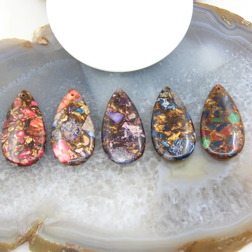 

5pcs,Top Drilled Drops Imperial Jaspers Slab Pendants,5Color Choice Sea Sediment Slice Nugget Charms Necklace Jewelry Making